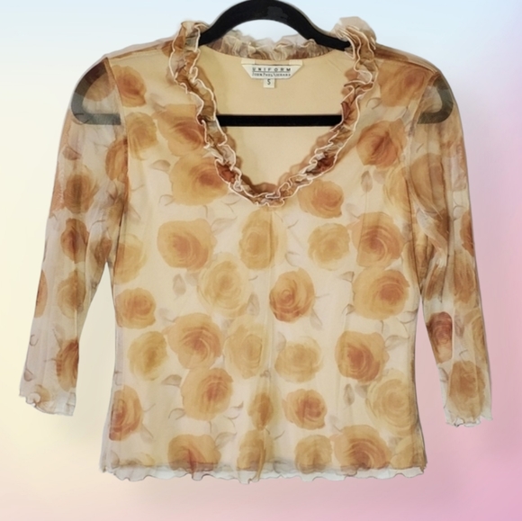 Vintage Tops - Y2K Vintage Semisheer Floral Cream Tan Top